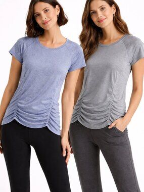 Athleta Ruched Performance Tees Blue & Gray Short Sleeve Tops Large- Lot of 2